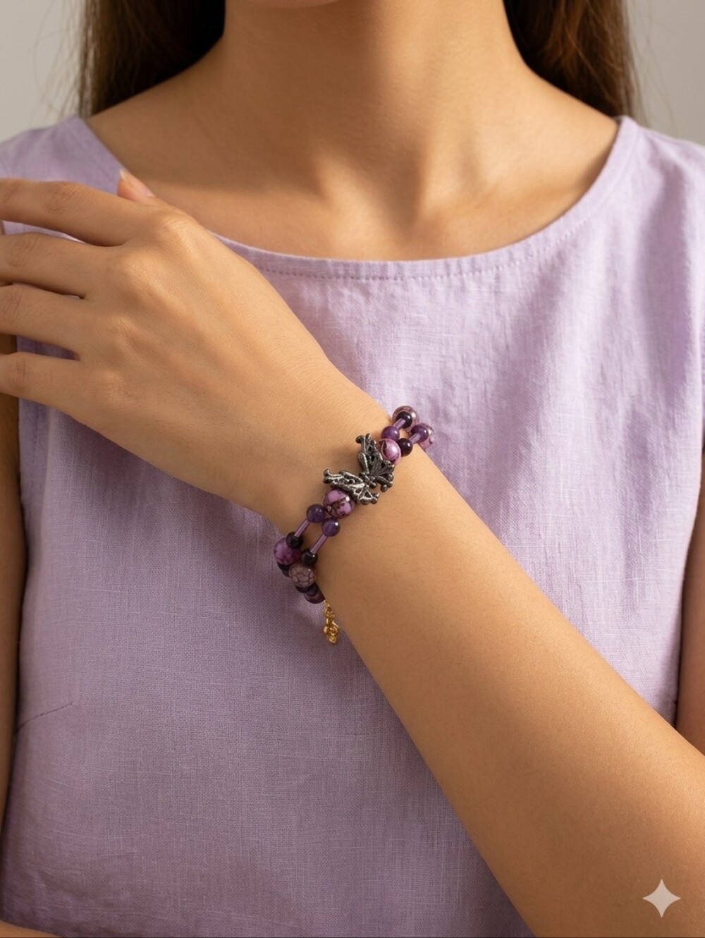 Handmade Purple And Brown Glass Bead Bracelet with Butterfly Charm